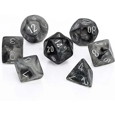 7 dés polyédriques Borealis Luminary - Gris fumée avec chiffres argent