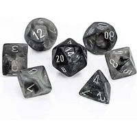 7 dés polyédriques Borealis Luminary - Gris fumée avec chiffres argent