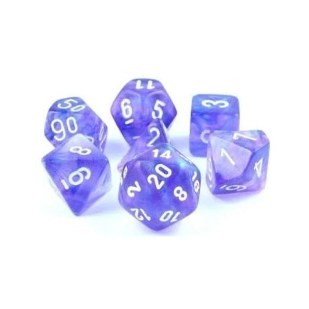 7 dés polyédriques Borealis Luminary - Violet avec chiffres blancs