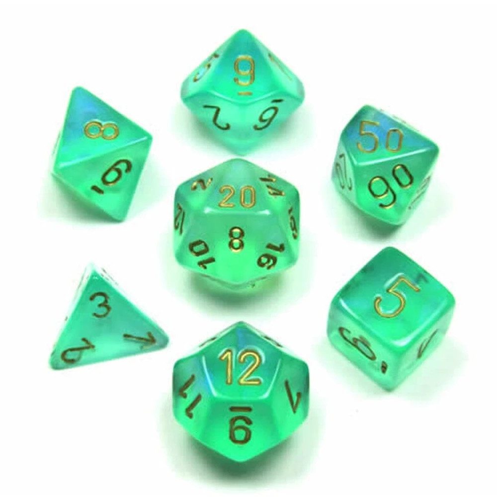 7 dés polyédriques Borealis Luminary - Vert pâle avec chiffres dorés