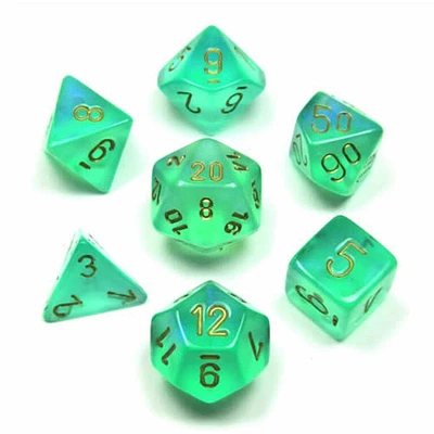 7 dés polyédriques Borealis Luminary - Vert pâle avec chiffres dorés