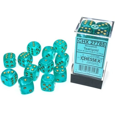 12 dés 6 16mm Borealis Luminary - Sarcelle avec picots dorés