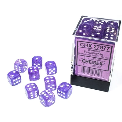 36 dés 6 12mm Borealis Luminary - violet avec picots blancs