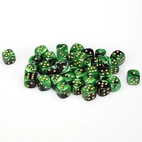 36 dés 6 12mm Gemini noir/vert avec points dorés