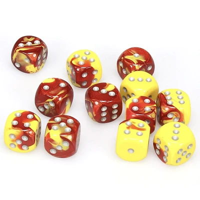 12 dés 6 16mm Gemini rouge/jaune avec points argentés