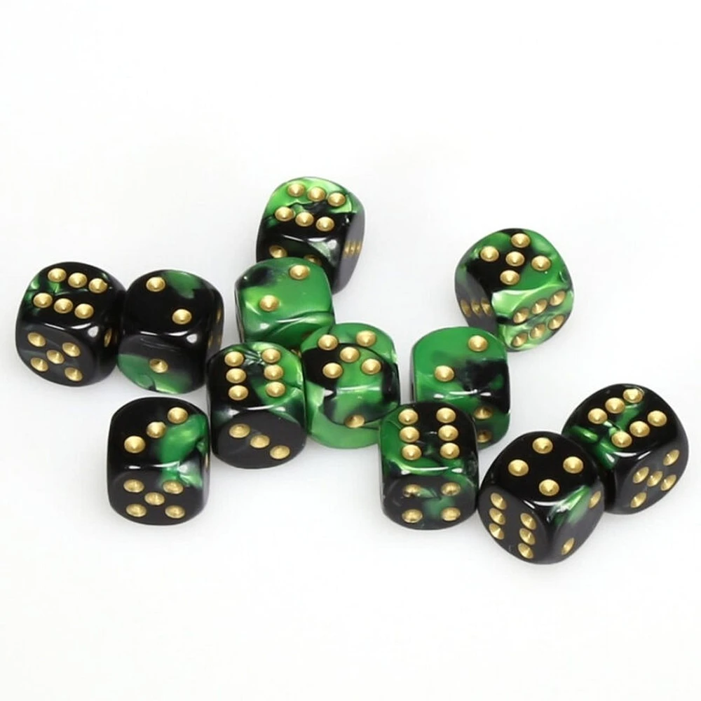 12 dés 6 16mm Gemini noir/vert avec points dorés