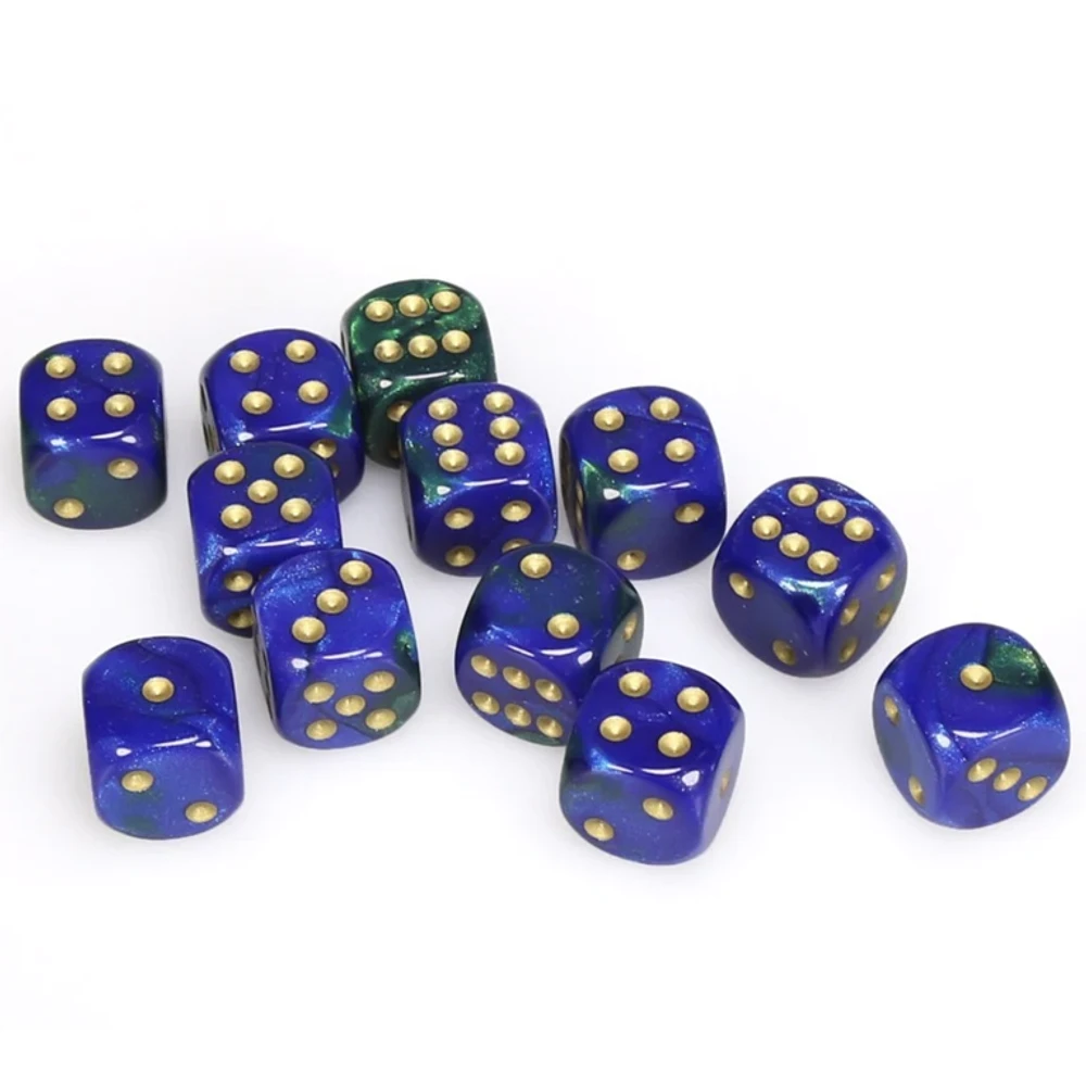 12 dés 6 16mm Gemini bleu/vert avec points dorés