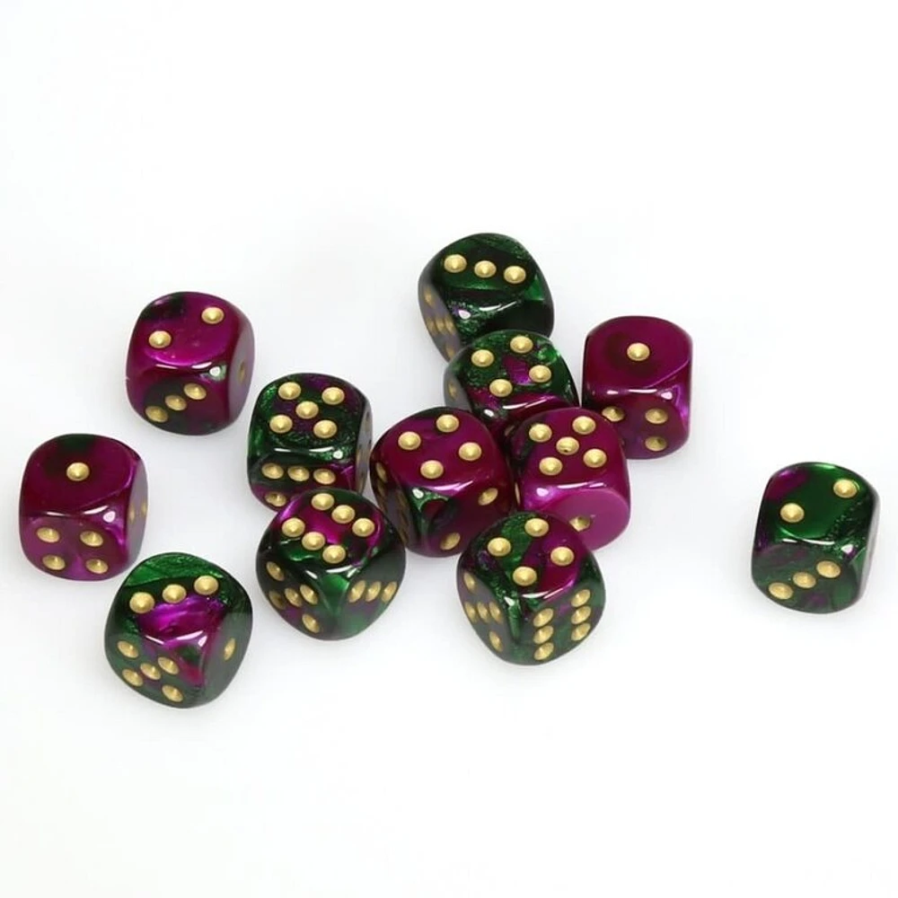 12 dés 6 16mm Gemini vert/violet avec points dorés