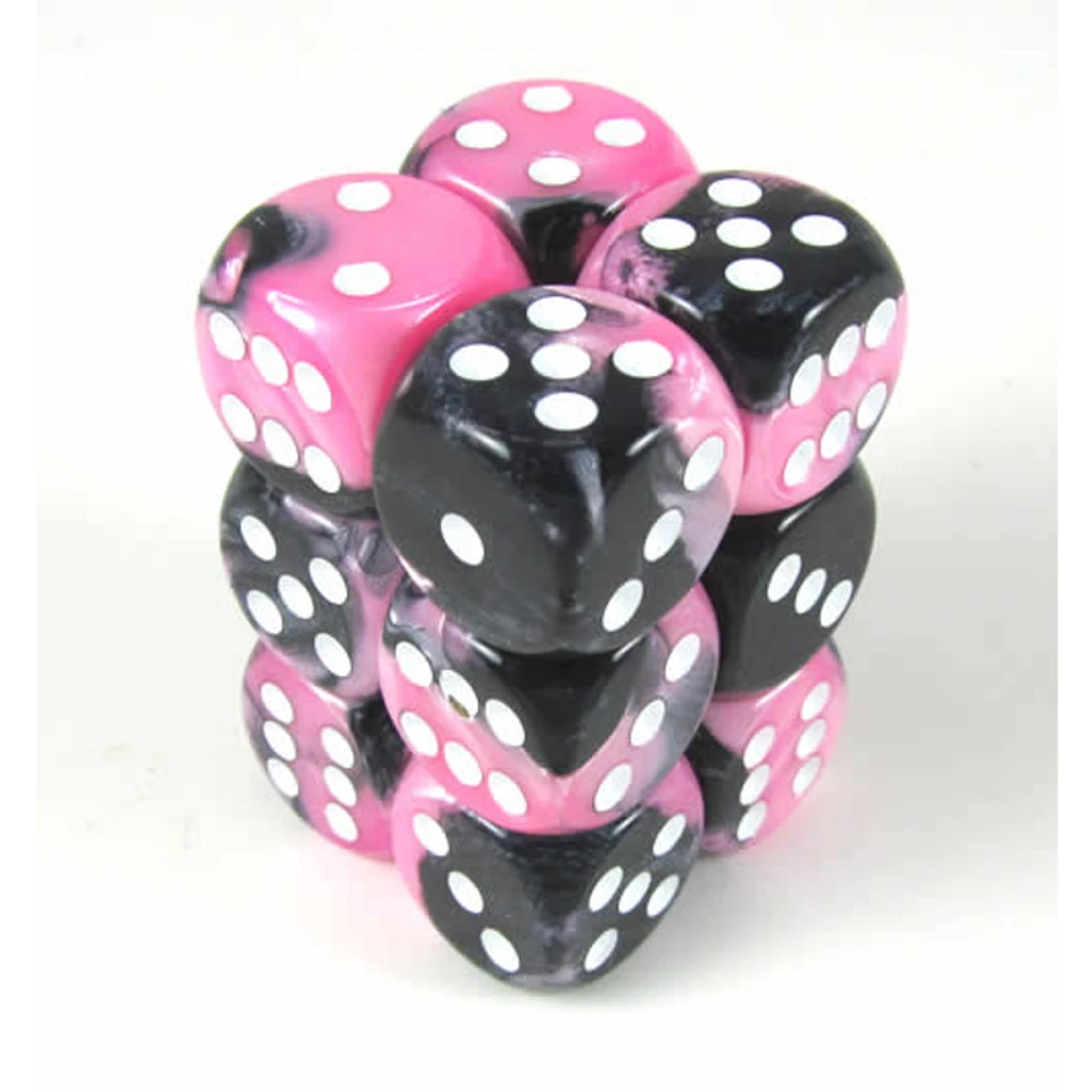 12 dés 6 16mm Gemini noir/rose avec points blancs