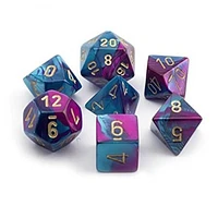 7 dés polyédriques Gemini violet/sarcelle avec chiffres dorés