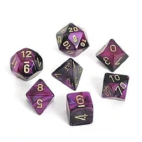 7 dés polyédriques Gemini noir/violet avec chiffres dorés