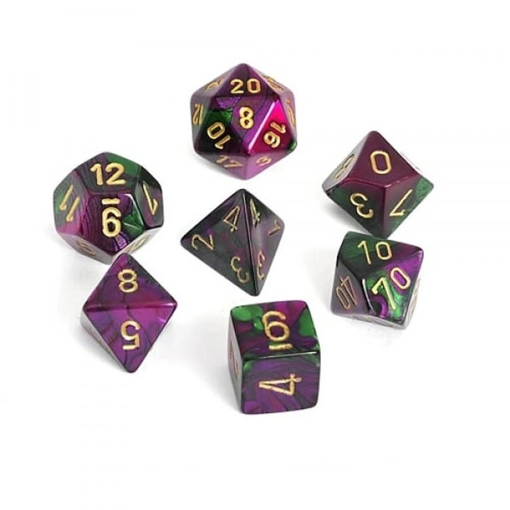 7 dés polyédriques Gemini vert/violet avec chiffres dorés