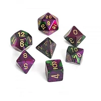 7 dés polyédriques Gemini vert/violet avec chiffres dorés