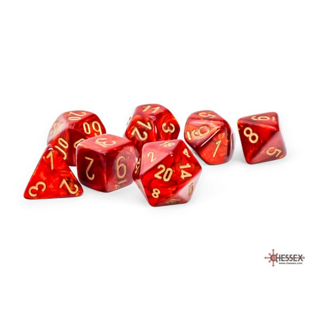 7 dés polyédriques Scarab Scarlet avec chiffres dorés - Méga-Hédral