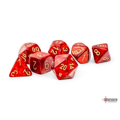 7 dés polyédriques Scarab Scarlet avec chiffres dorés - Méga-Hédral