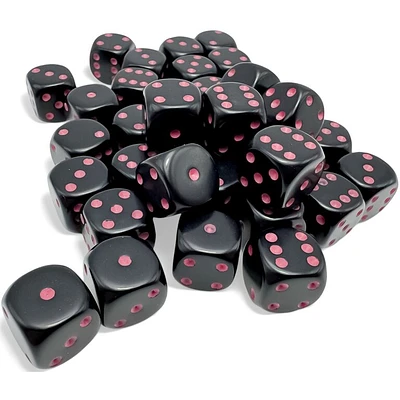 36 dés 6 12mm opaques noir avec points rose