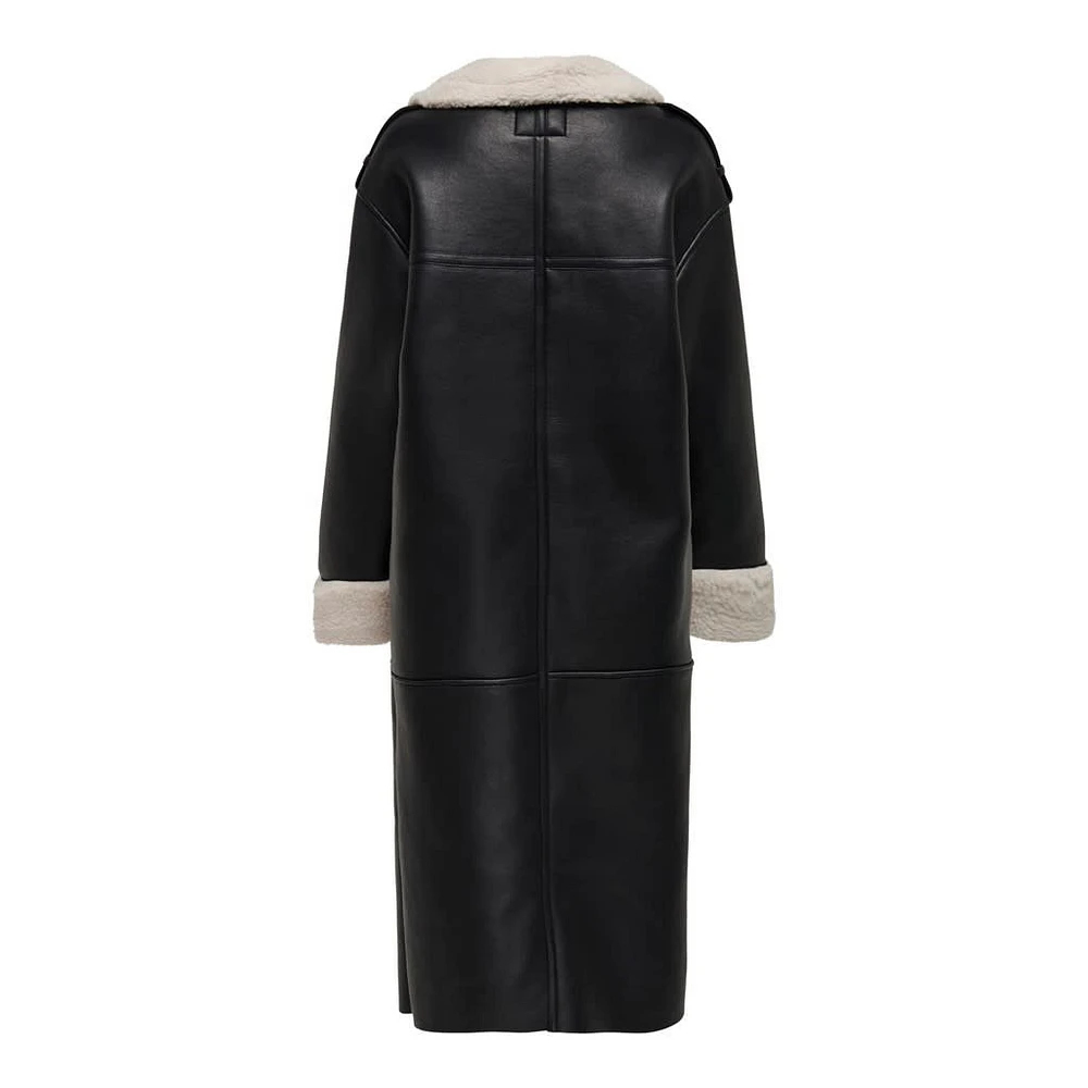 Only : Long Faux Leather Shearling Jacket