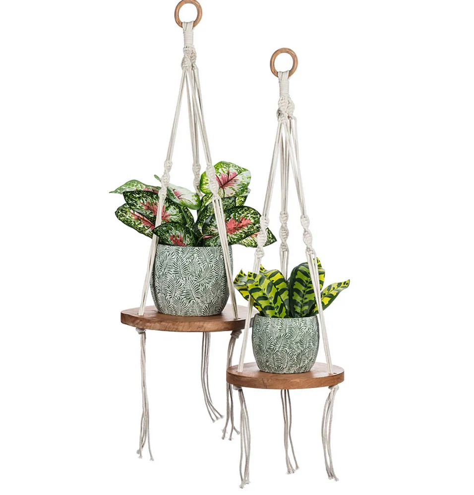 Abbott Macrame Plant Holder W/Wood Base