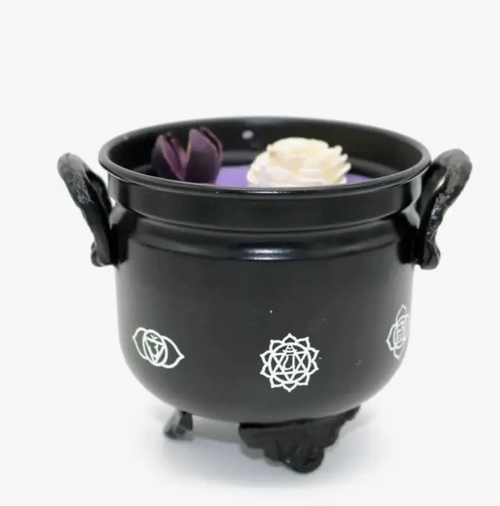 7 Chakras Cauldron Lavender Candle with Flowers Herb