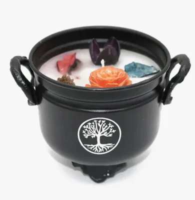 Tree of Life Cauldron White Sage Candle with Flowers Herb