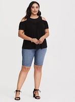 Super Soft Crew Neck Eyelet Yoke Cold Shoulder Top