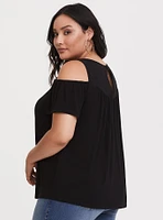 Super Soft Crew Neck Eyelet Yoke Cold Shoulder Top