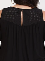 Super Soft Crew Neck Eyelet Yoke Cold Shoulder Top