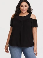 Super Soft Crew Neck Eyelet Yoke Cold Shoulder Top