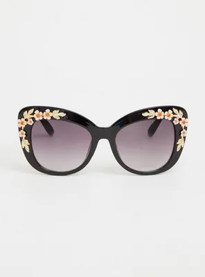 Plus Size - Black Rosette Cat Eye Sunglasses