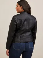 Faux Leather Collarless Moto Jacket