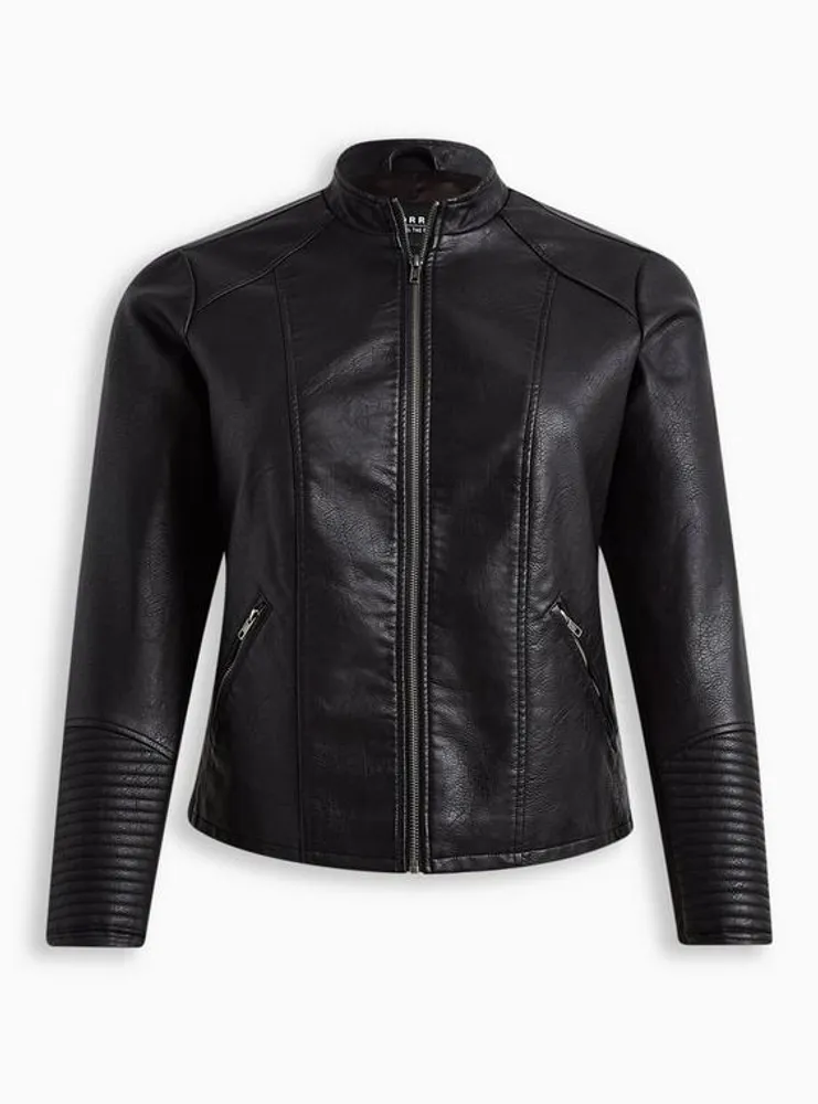 Faux Leather Collarless Moto Jacket
