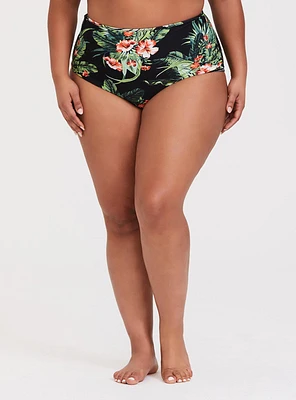 Black Floral Palm Reversible Brief Swim Bottom