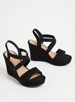 Black Faux Suede Strappy Stretch Platform Wedge (WW