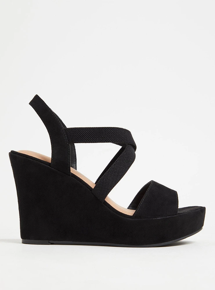 Black Faux Suede Strappy Stretch Platform Wedge (WW