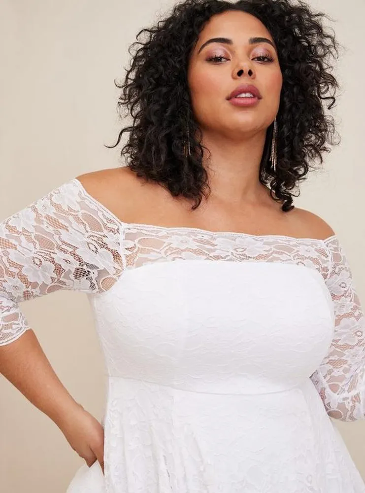 TORRID White Lace Off Shoulder A-Line Wedding Dress