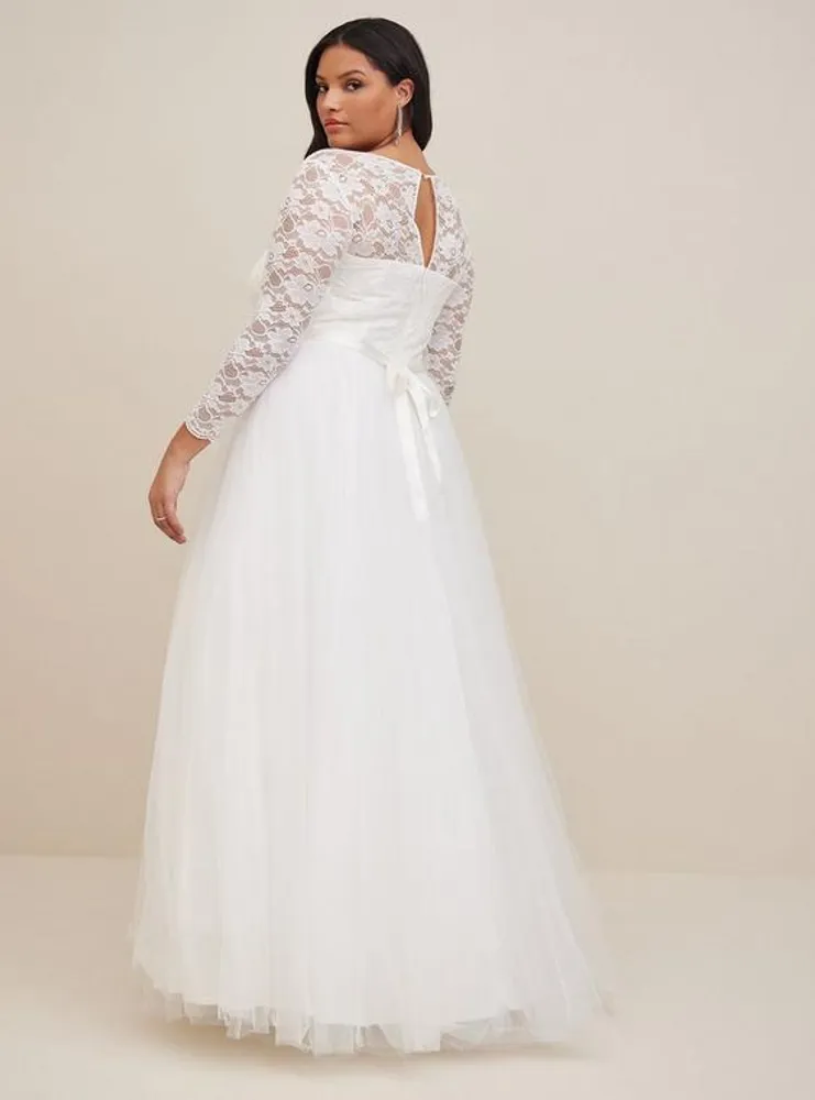 Ivory Lace & Tulle Beaded Sash A-Line Wedding Dress