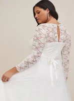 Ivory Lace & Tulle Beaded Sash A-Line Wedding Dress