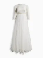 Ivory Lace & Tulle Beaded Sash A-Line Wedding Dress