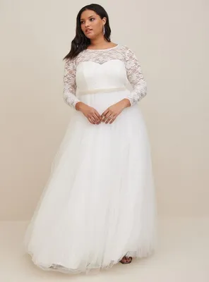 Ivory Lace & Tulle Beaded Sash A-Line Wedding Dress