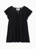 Textured Crew Neck Lace Pieced Tie Back Top