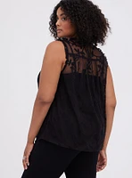 Embroidered Mesh Mock Neck Top