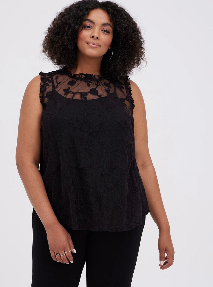 Embroidered Mesh Mock Neck Top