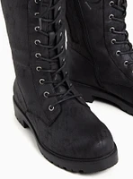 Black Oiled Faux Suede Lace-Up Combat Bootie (WW