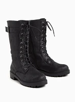 Black Oiled Faux Suede Lace-Up Combat Bootie (WW