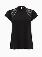 Studio Crepe Jersey Mock Neck Lace Inset Top