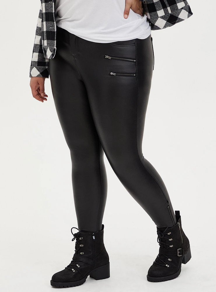 Black Coated Ponte Multi Zip Skinny Ankle Pant