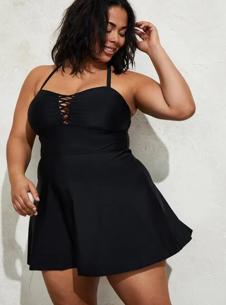 TORRID Wireless Long Lattice Front Swim Dress With Brief