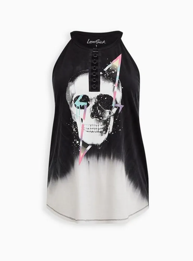 LoveSick Black & Ivory Tie-Dye Skull High Neck Tank