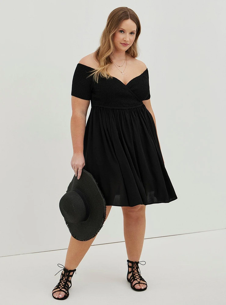 Mini Challis Off-Shoulder Surplice Skater Dress