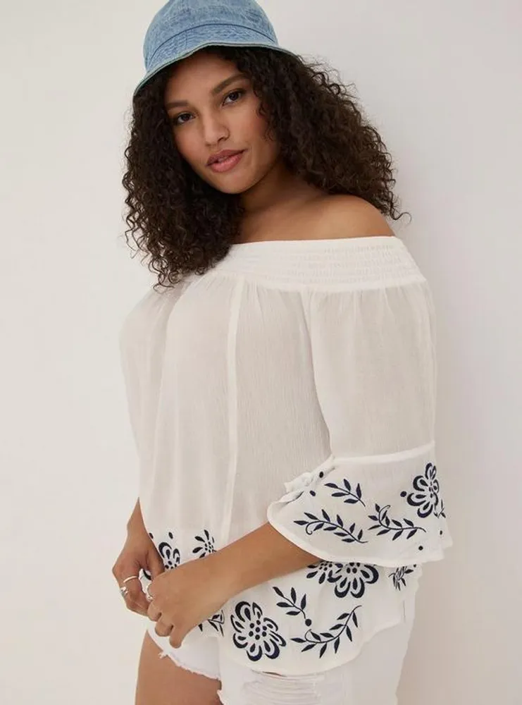 TORRID Gauze Embroidered Off-Shoulder Top